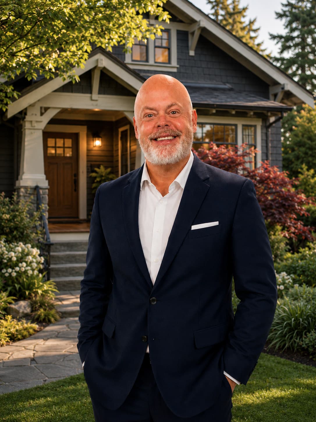 Brian Griffin, real estate broker with Windermere Real Estate Co., with the Seattle skyline and Mount Rainier behind him