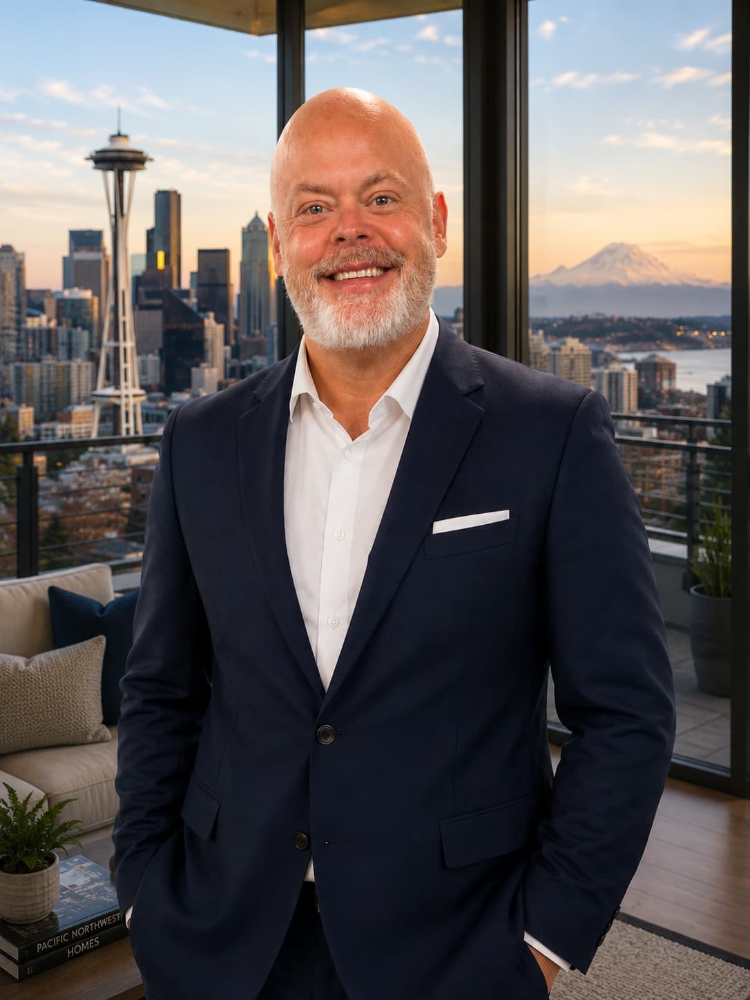 Brian Griffin, real estate broker with Windermere Real Estate Co., with the Seattle skyline and Mount Rainier behind him